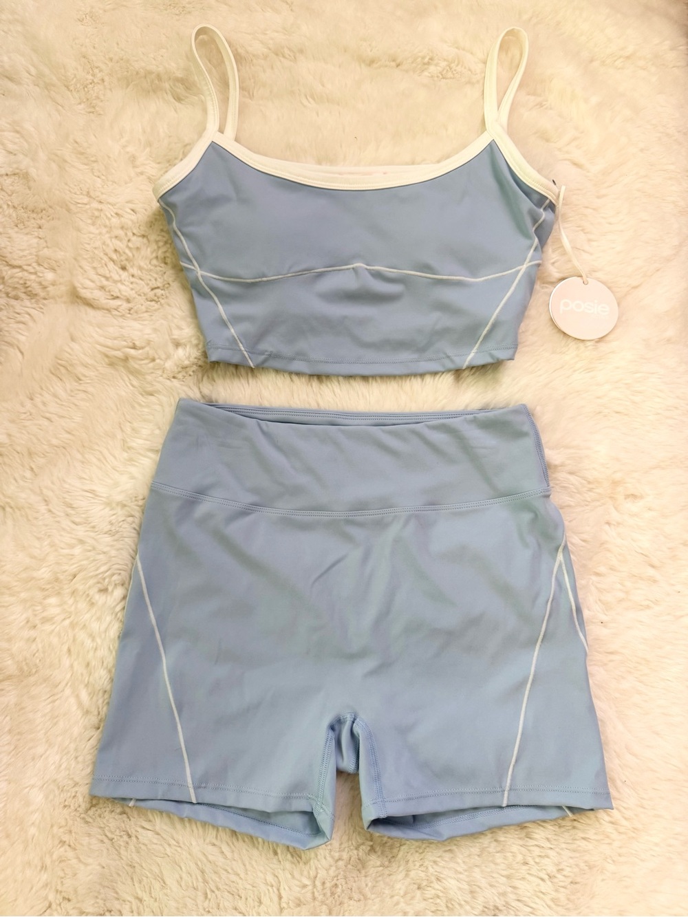 Posie Actuve Light Blue Cropped Tank and Biker Shorts with White TrimWorkout Set